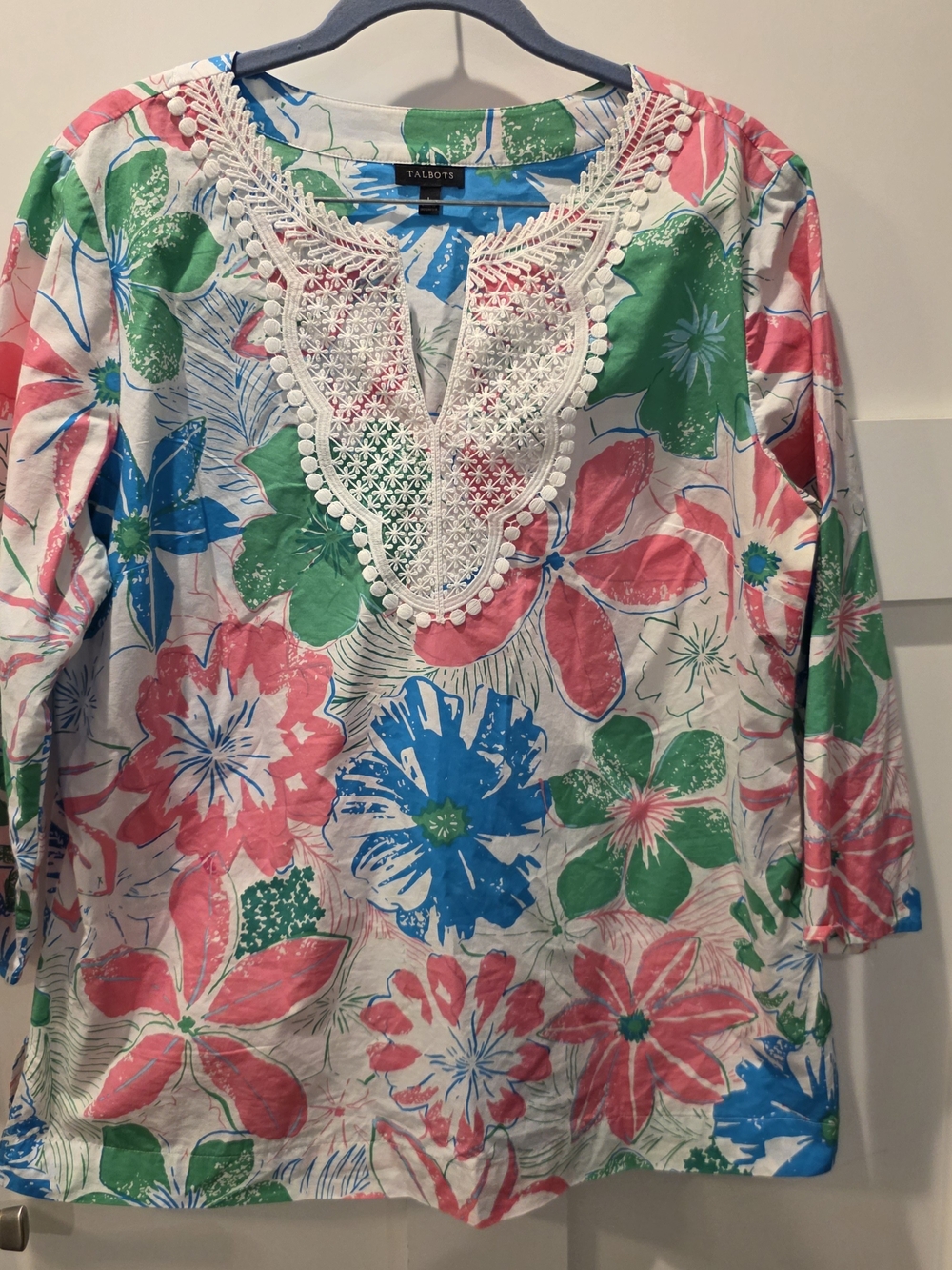 Talbots Women’s Colorful Anguilla Floral Lace Bib Tunic Top L Tropical Whimsy